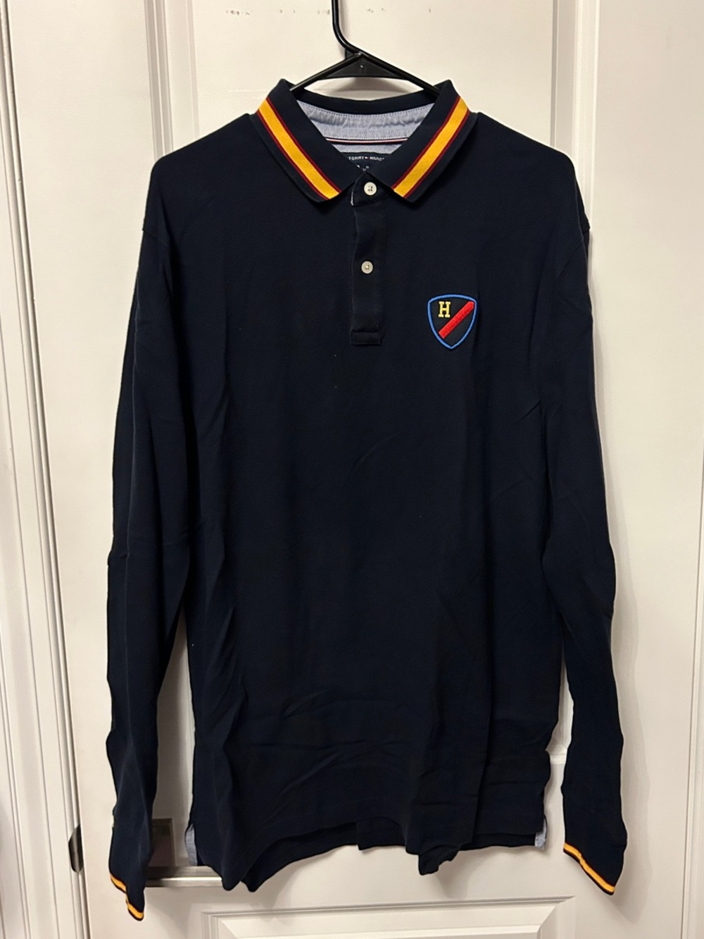 Tommy Hilfiger Navy Long Sleeve Polo with Orange-Trim Collar Size XL